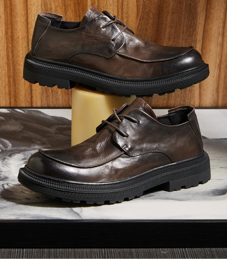 Men's Shoes Leather Round Head Breathable Retro British Casual Leather Shoes foto 2