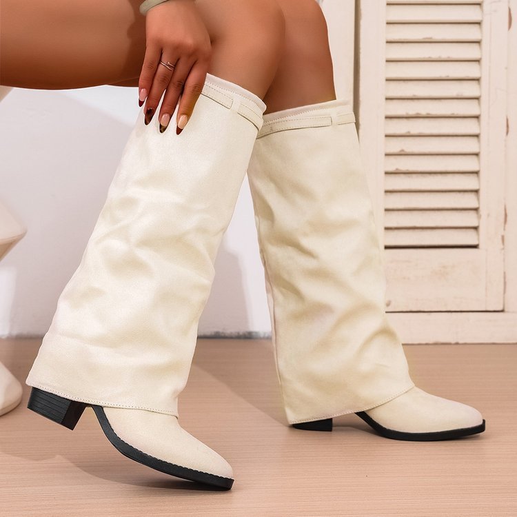 Pointed Toe High Tube Pants Boots Pleated Chunky Heel Sleeve foto 5
