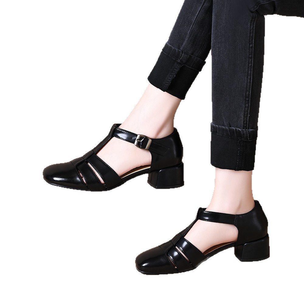 Hollow Retro Strap All-matching Chunky Heel Sandals foto 4
