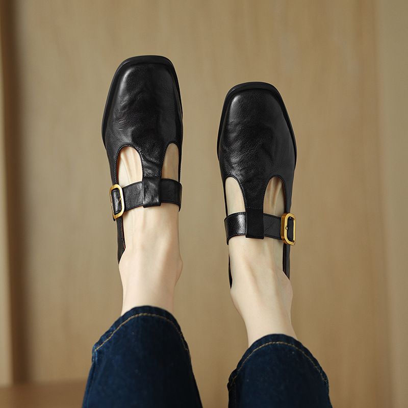 Mary Jane Leather Shoes Retro Square-toe Pumps foto 5