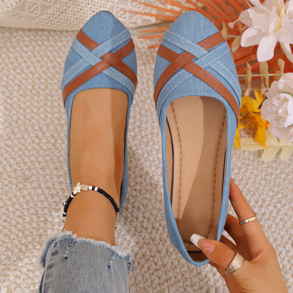 Ins Cross-straped Denim Loafers Fashion Lightweight Comfortable Flats Shoes For Women foto 2
