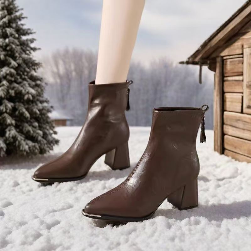 Pointed Toe Simple Fashion Chunky Heel Comfortable Retro All-matching Women's Boots foto 3