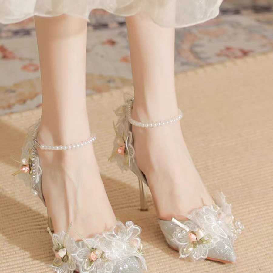 New Pointed Lace Flower Pearl Bow Tie Shoes foto 5