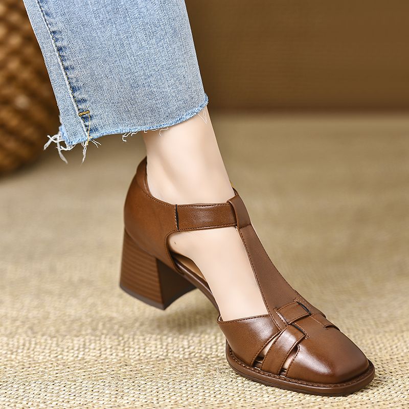 Chunky-Heel Hollow-Out Buckled Peep-Toe Sandals For Women foto 5