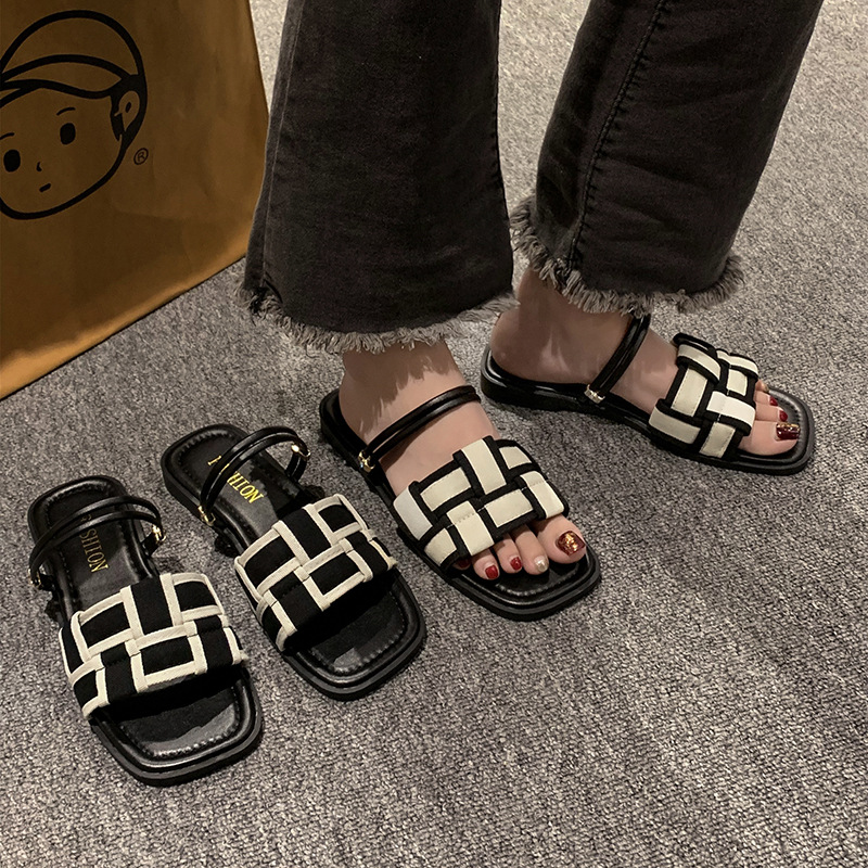 Square Toe Sandals Women's Canvas Check Pattern Flat Sandals foto 5