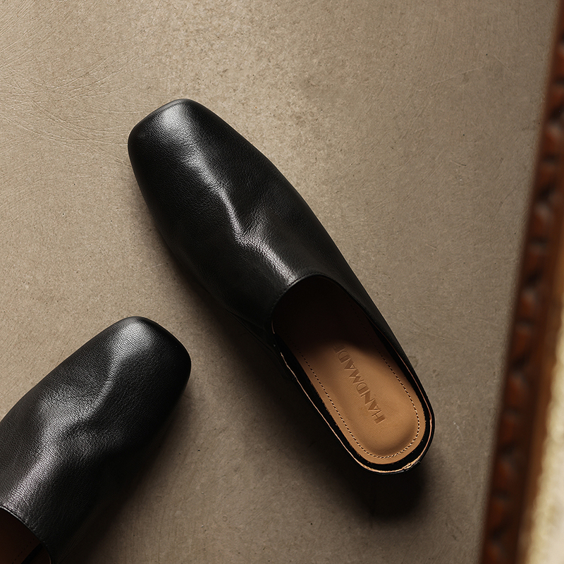 Women's Handmade Full-Grain Sheepskin Ruched Mule Slides, Square-Toe Slip-On Flat Shoes foto 2