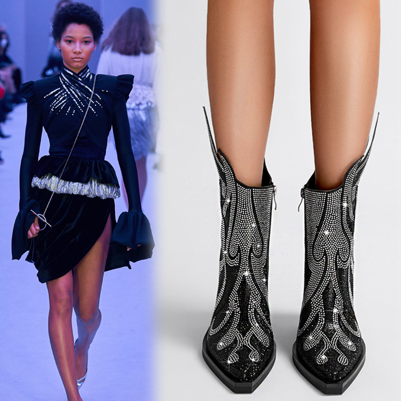 New Sexy Square Toe Chunky Heel Rhinestone Flame Martin Boots foto 2
