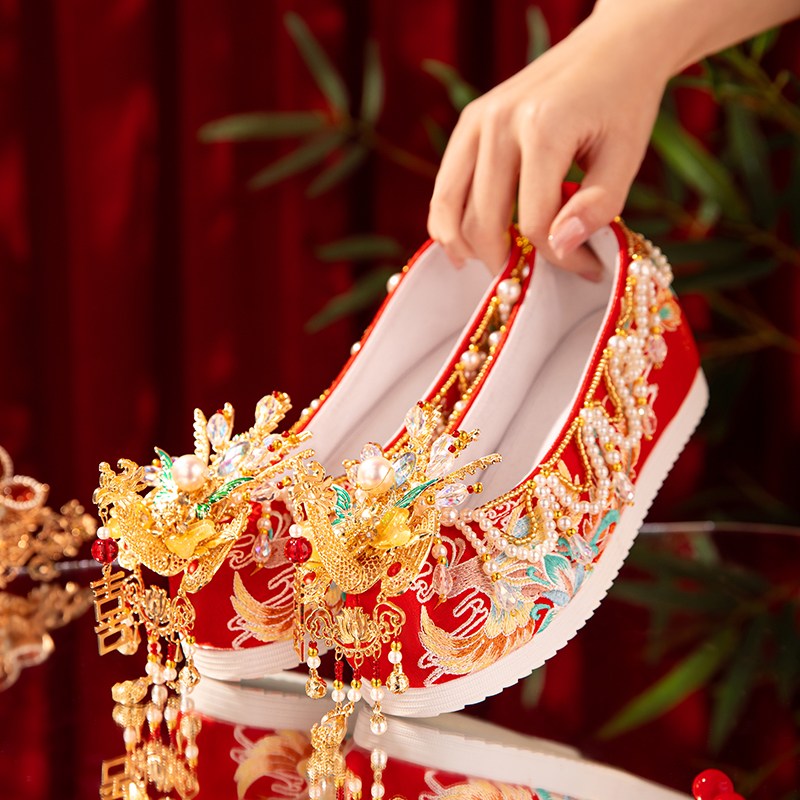 Original Handmade Dragon And Phoenix Xiuhe Hanfu Shoes, Chinese Wedding Shoes For Brides, Embroidered Phoenix Crown And Robe Style Platform Shoes For Women foto 2