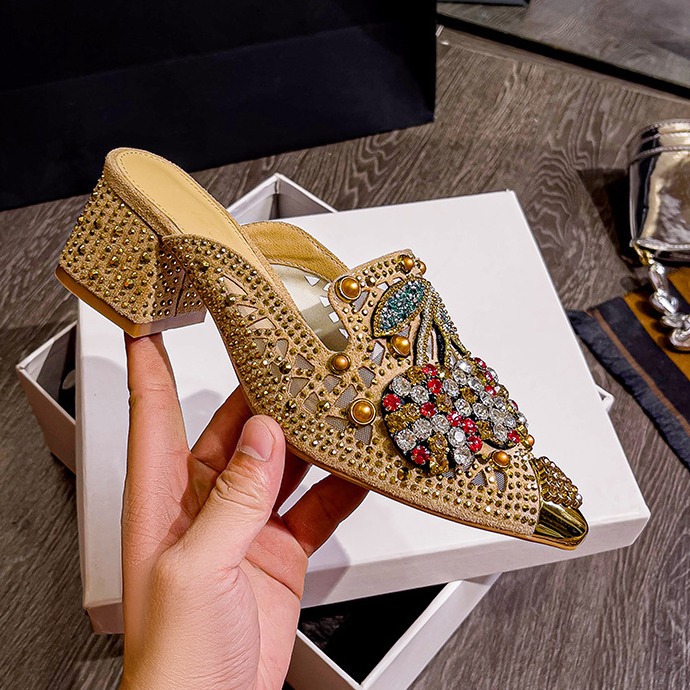 Women's Mesh Chunky-Heel Rhinestone Cherry Pointed-toe Half Slippers foto 5