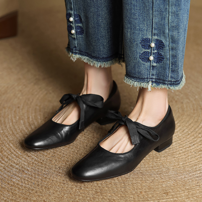 French-style Vintage Low-heeled Leather Shoes For Women Round Toe Low Cut foto 4