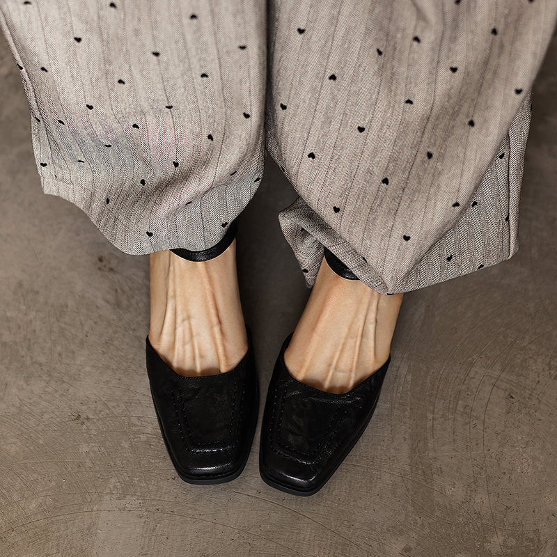 Women's Handmade Full-Grain Sheepskin Mary Jane Sandals, Vintage Square Toe Low Block Heel Shoes