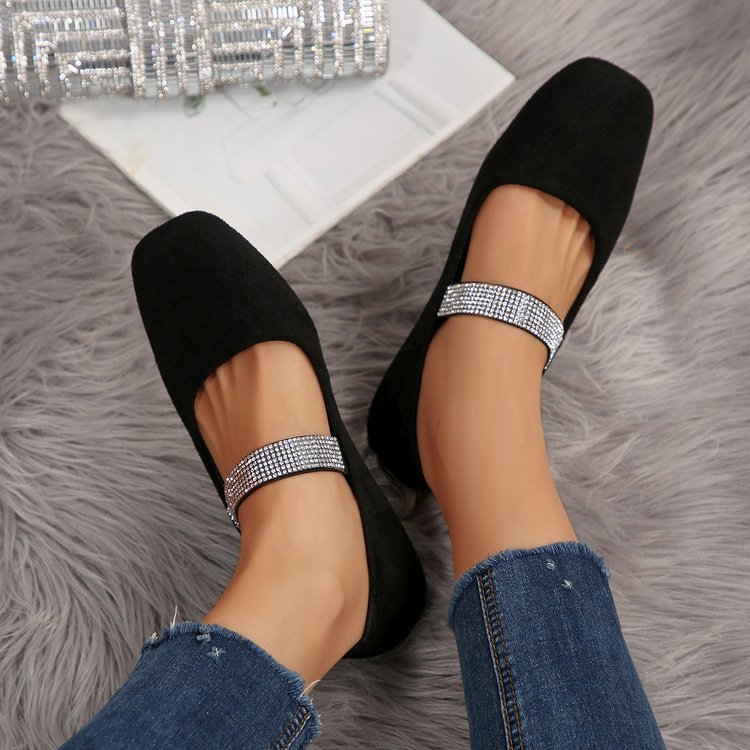 Women's Rhinestone Square-toe Shallow-mouth Suede Flat Shoes foto 5