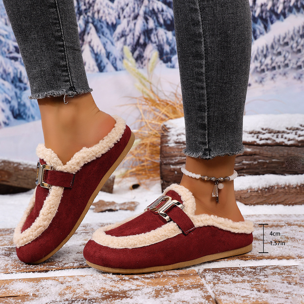 Women's Flat Lamb Wool Slippers Winter New Birkenstock Closed Toe Fluffy Shoes Lazy Cotton Slippers foto 4