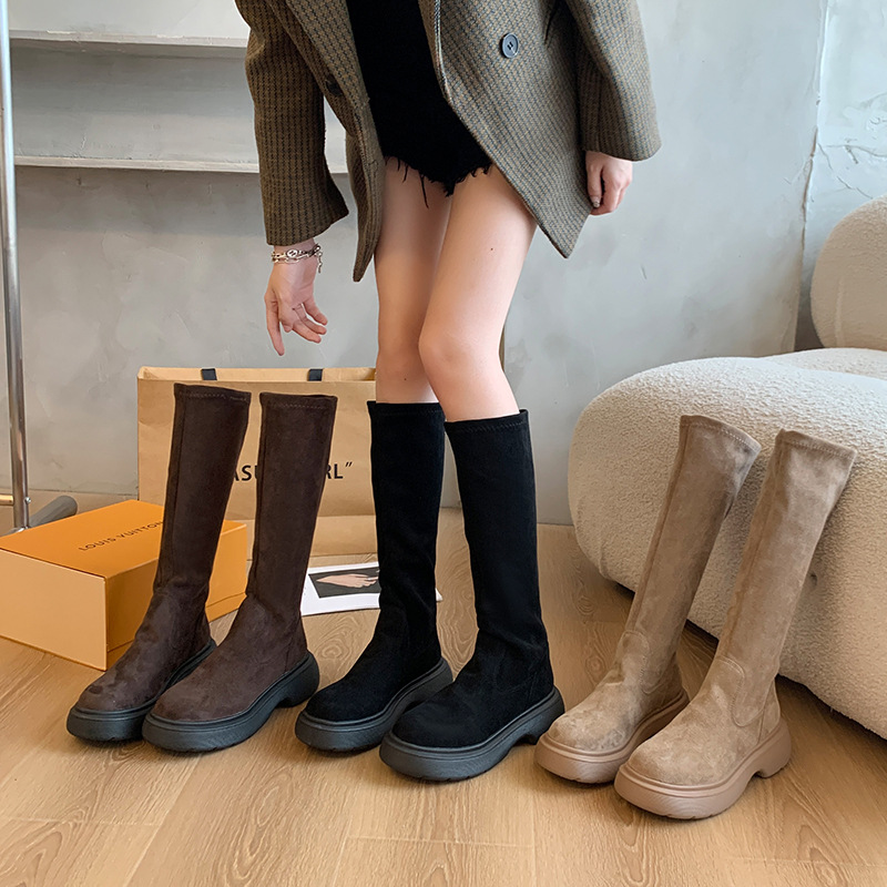 Womens Fashionable Round-toe Suede Chunky-soled Boots foto 3