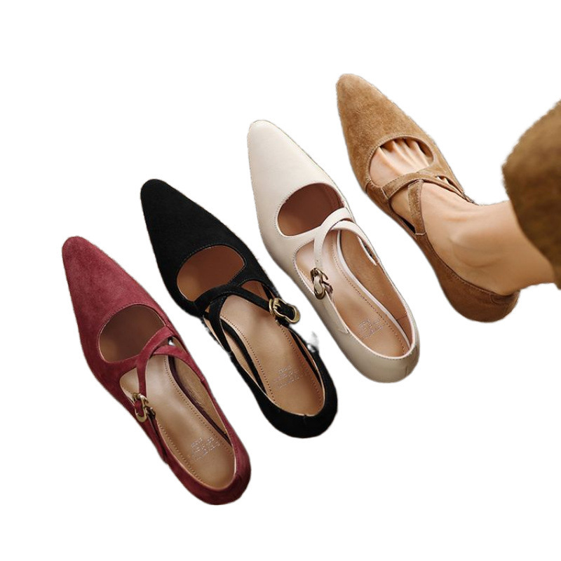 Womens Elegant Mid-heel Stiletto-pointed-toe Low-cut Mary Jane Shoes