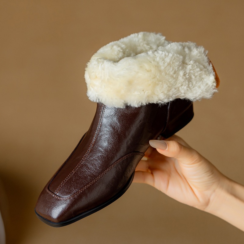 Women's Cowhide Square-toe Warm Fleece-lined Thick Wool Short Boots foto 2