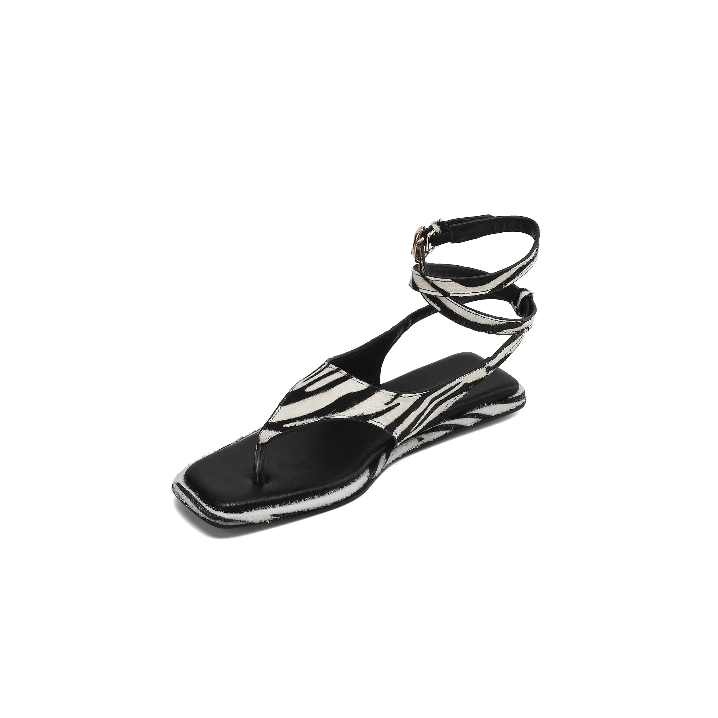 Women's Zebra Print Calf Hair Flat Sandals, Handmade Leather Thong Ankle Strap Shoes foto 3