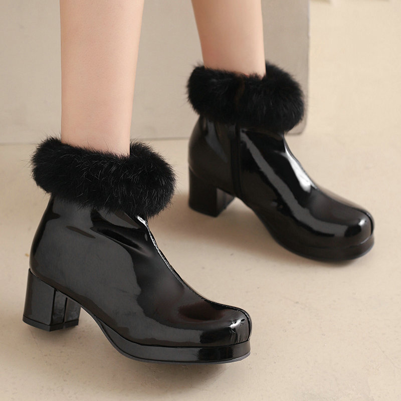 Womens Short Boots For Fall Winter Patent Leather Chunky Heel foto 2