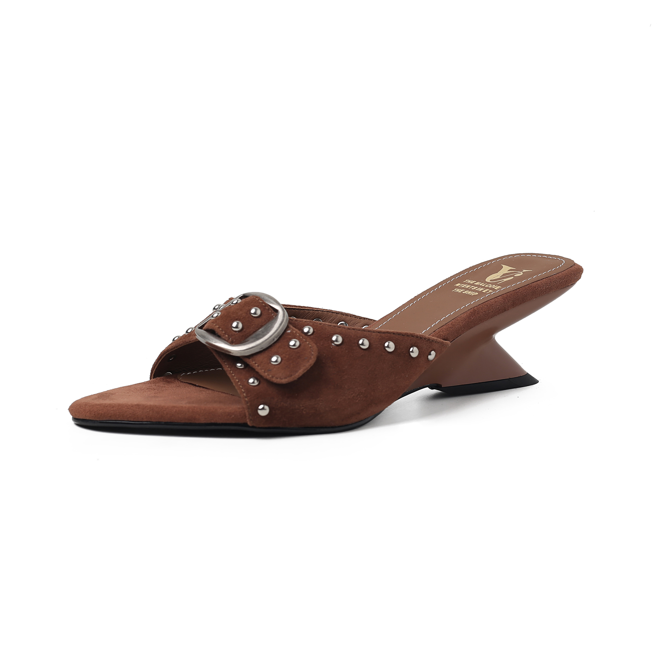 Women's Handmade Suede Rivet Wedge Mule Sandals, Open-Toe Mid-Heel Slides With Sheepskin Lining foto 2
