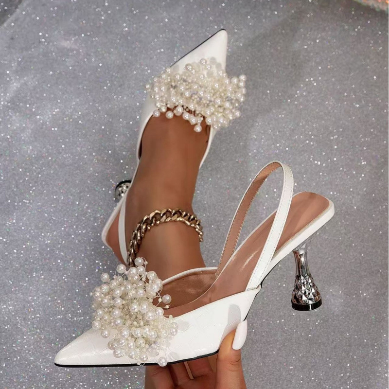 Fashionable Pearl-flower-shaped Square-bead Stiletto Sandals With A Pointed Toe And Ankle Strap For Women foto 3
