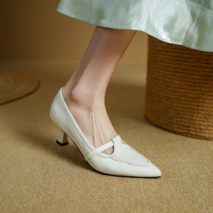 First-layer Cowhide Cloud-step Comfort Retro Pointed-toe Chunky-heel Mary Jane Shoes foto 3