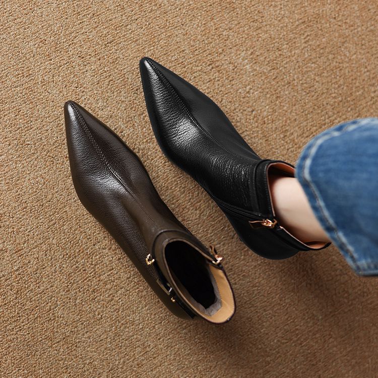 All-leather Fashion Boots Top-layer Sheepskin Stiletto Heel Pointed Toe Side Belt Buckle Chic Retro High Heels