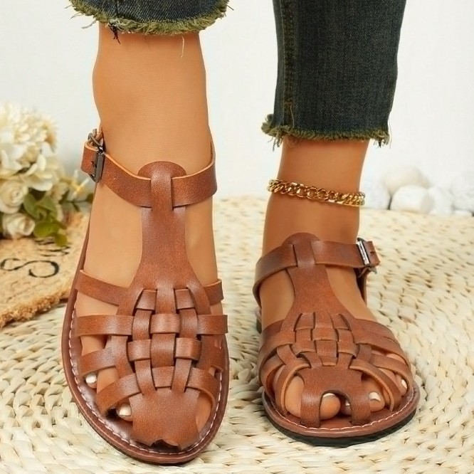 Vintage Weave Closed Toe Sandals Women's Seaside Vacation Soft Bottom Brown Roman foto 3