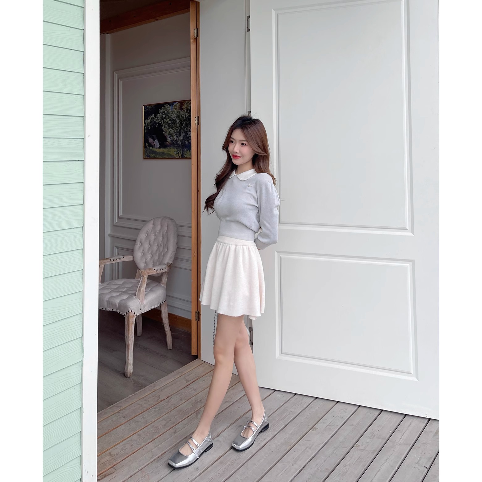 Genuine Leather Cross Buckle Strap Shallow Mouth Flat Bottom Pumps Silver Ballet Slipper Mary Jane Shoes foto 5