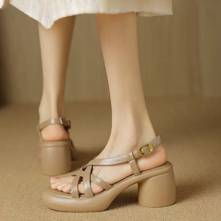 Retro Soft Leather High Heel Sandals For Women Platform Open Toe foto 5
