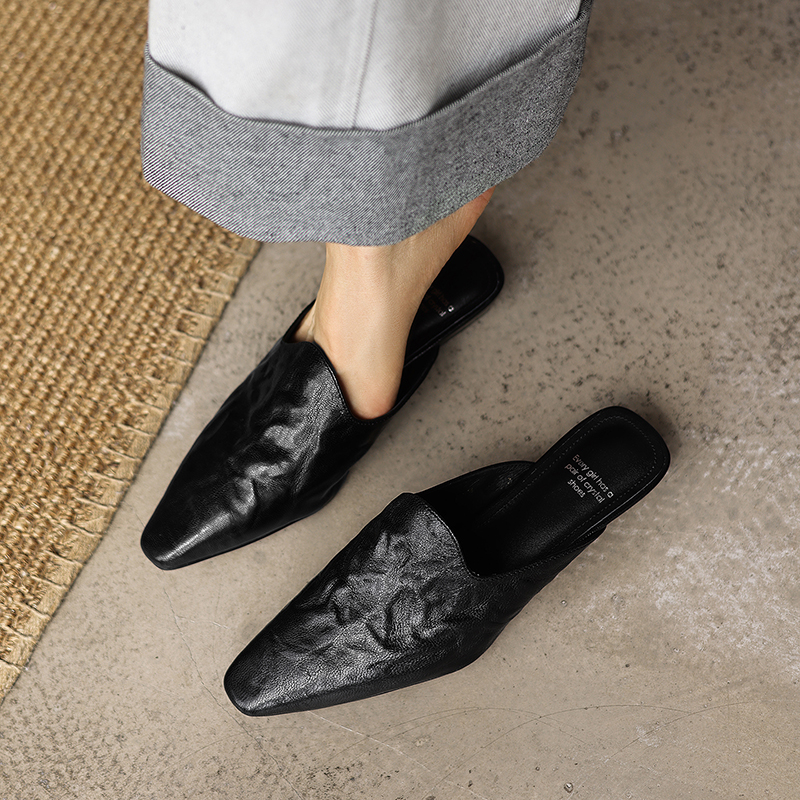 Women's Handmade Full-Grain Sheepskin Mule Slides, Square-Toe Chunky Low-Heel Leather Backless Shoes foto 3
