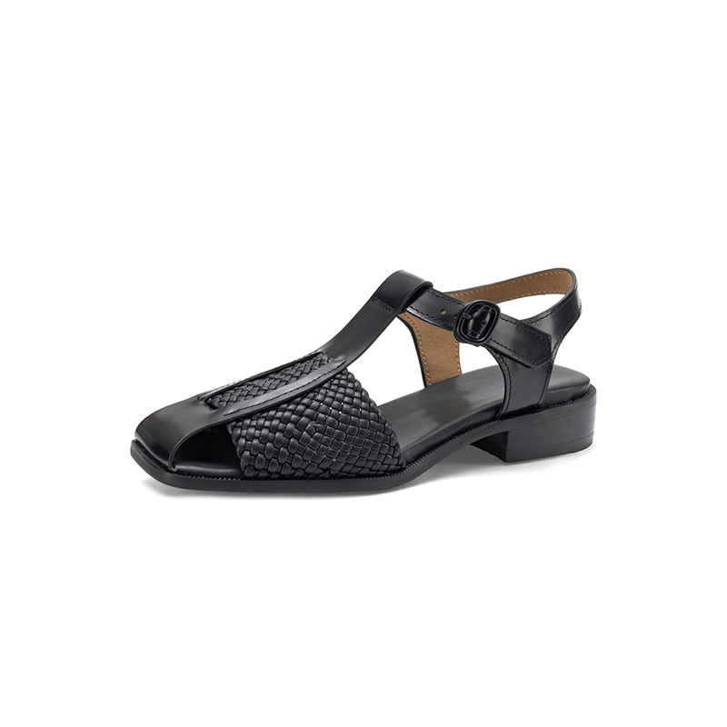 Women's Washed Full Grain Leather Woven T-Strap Sandals, Square Toe Block Heel Closed-Toe Shoes foto 3