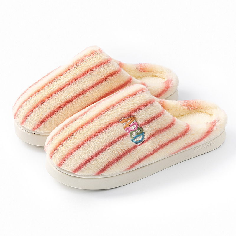 Ins Plush Striped Slippers Winter Warm Letter Embroidered Shoes Fashion Floor Bedroom Home Slipper For Women Men Couples foto 2
