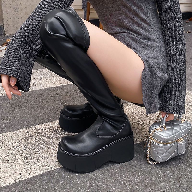 Women's Side-Zip Round-Toe Ultra-Chunky Heel Over-the-Knee Boots foto 5