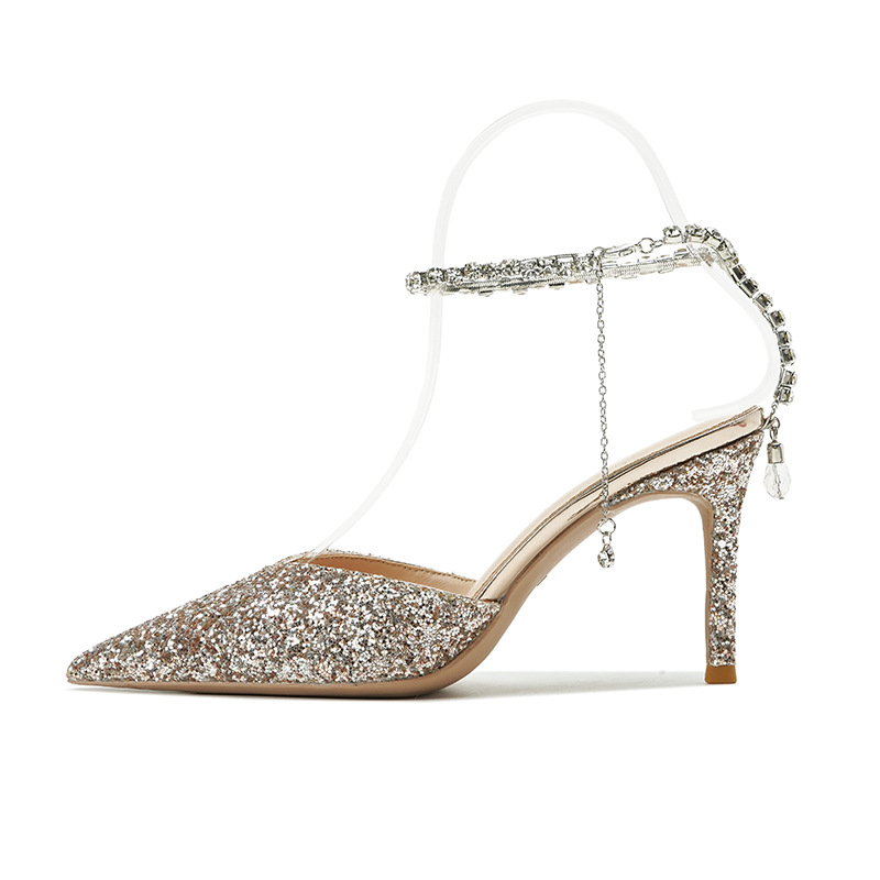 Sharp Pointed Rhinestone Chain High Heels With Fine Heels foto 2