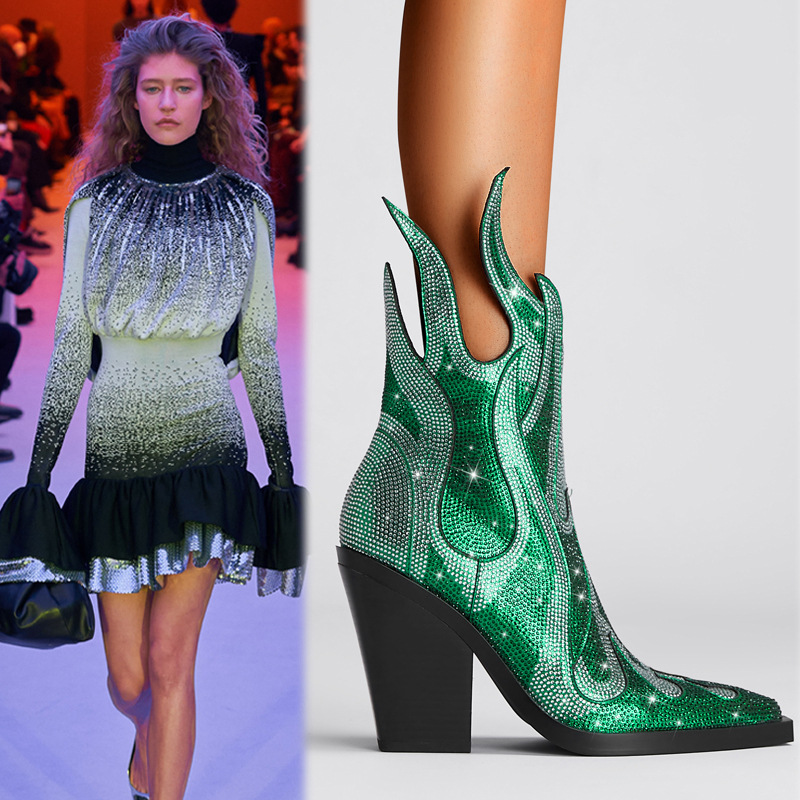 New Sexy Square Toe Chunky Heel Rhinestone Flame Martin Boots foto 4