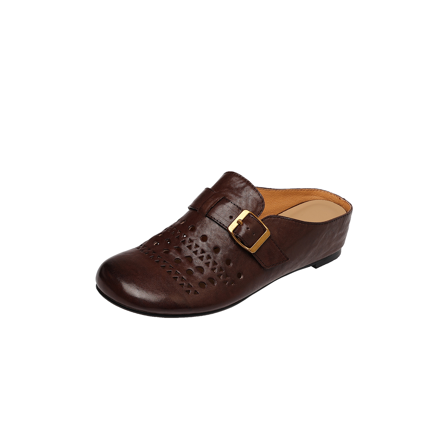 Women's Handcrafted Washed Full-Grain Cowhide Perforated Buckle Mules, Round Toe Flat Backless Slides foto 4