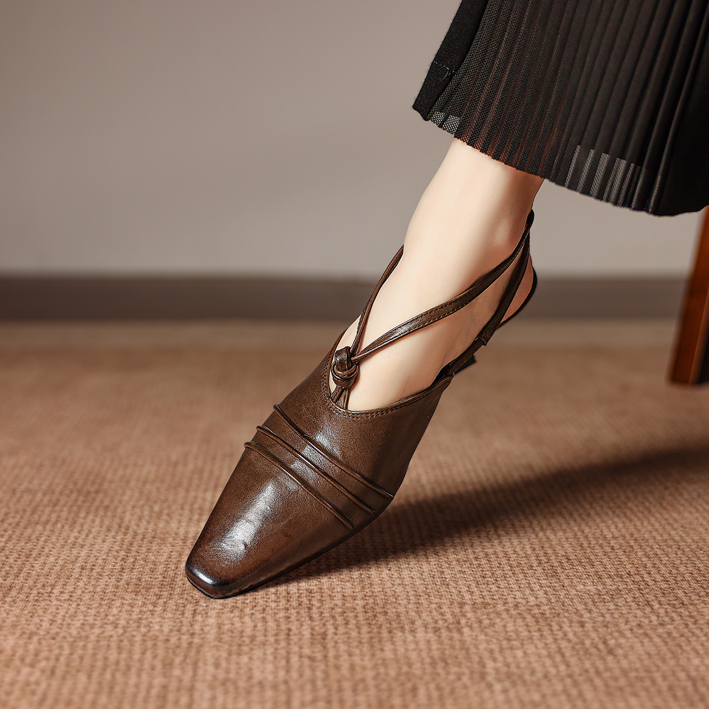 Premium Handmade Washed Leather Wedge Sandals, Women's Knotted Slingback Square Toe Shoes foto 5
