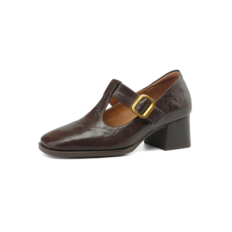 Mary Jane Leather Shoes Retro Square-toe Pumps foto 4