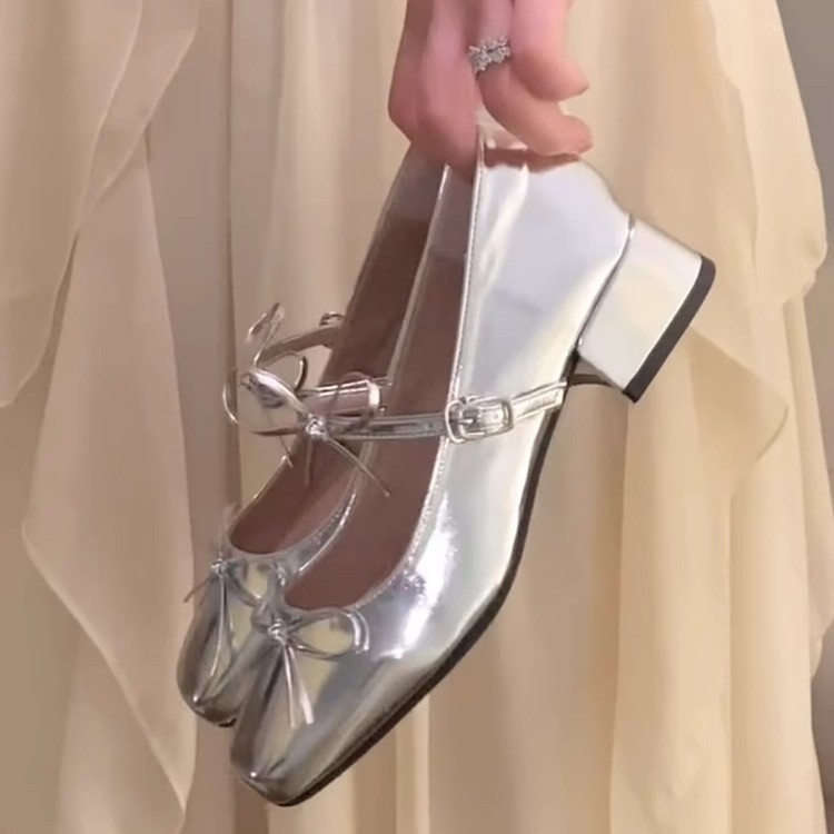 Silver Beautiful Small Single-layer Shoes Square Toe Bow foto 4