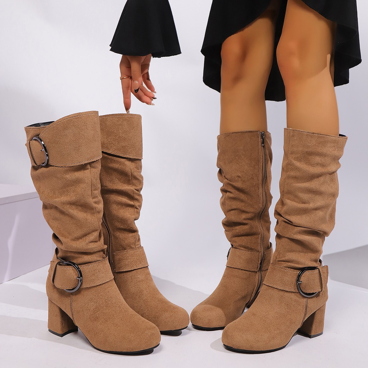 Suede High-heeled Chunky-heel Womens Boots With A Belt Buckle For Export foto 5