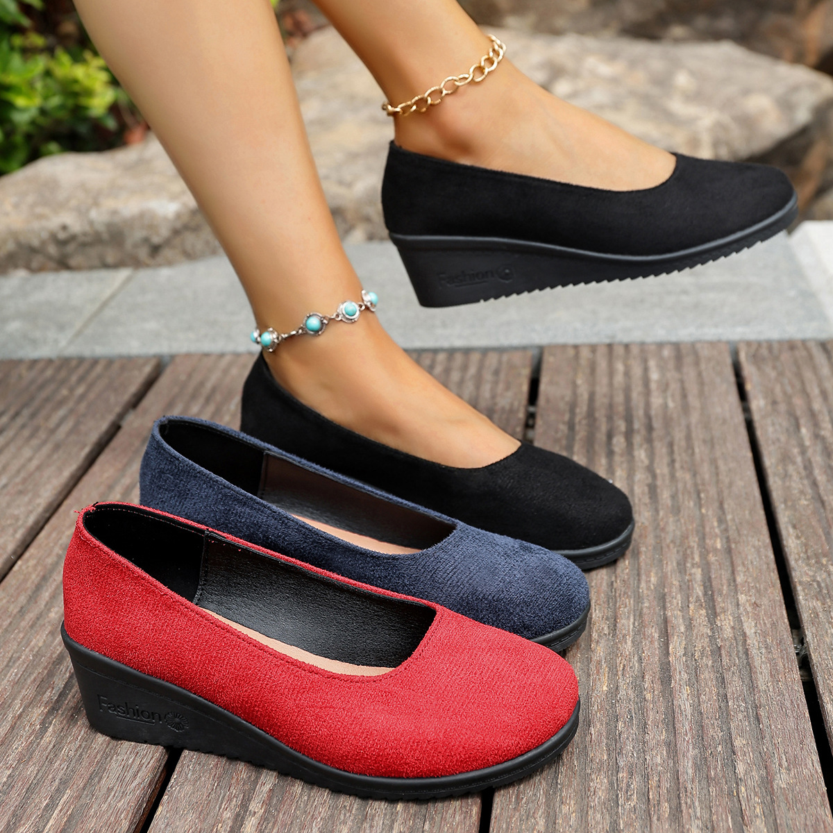 Shallow-toe Round-toe Slip-on Suede Wedge Shoes foto 2