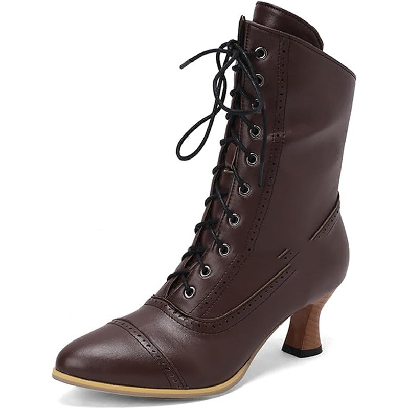 Womens Vintage Granny Renaissance-style Ankle Boots Low-heeled Lace-up Booties With Zippers foto 3
