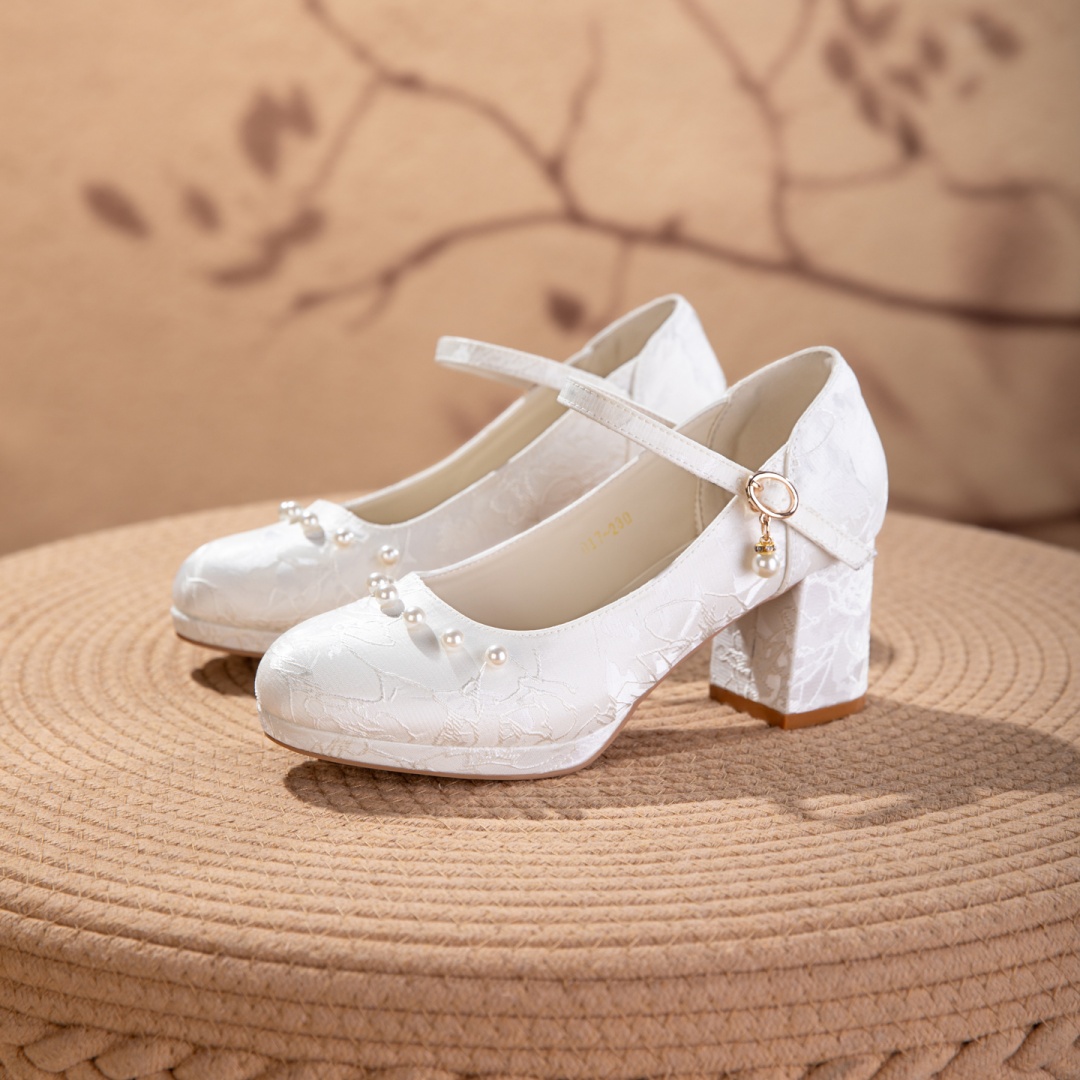 White And Beige Jacquard Mary Jane Style Women's Shoes With Thick Soles And Pearl Bow Straps, Waterproof Platform High Heels, Elegant And Versatile Wedding Shoes, Bridesmaid Shoes, Formal High Heels F foto 5