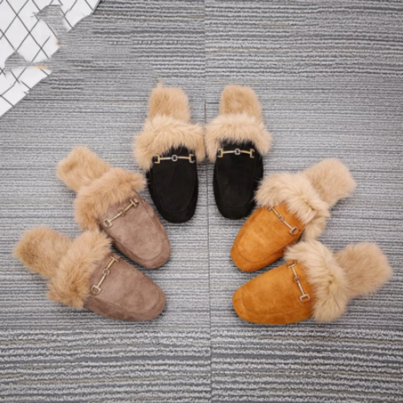 Rabbit Fur Suede Semi Leather Ball Flat Bottom Velvet Slippers foto 4