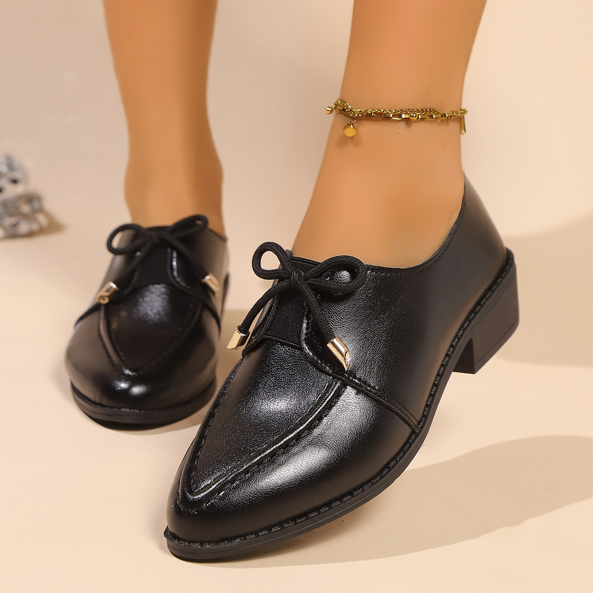 Women's British-style Simple Leather Shoes With Bow foto 5