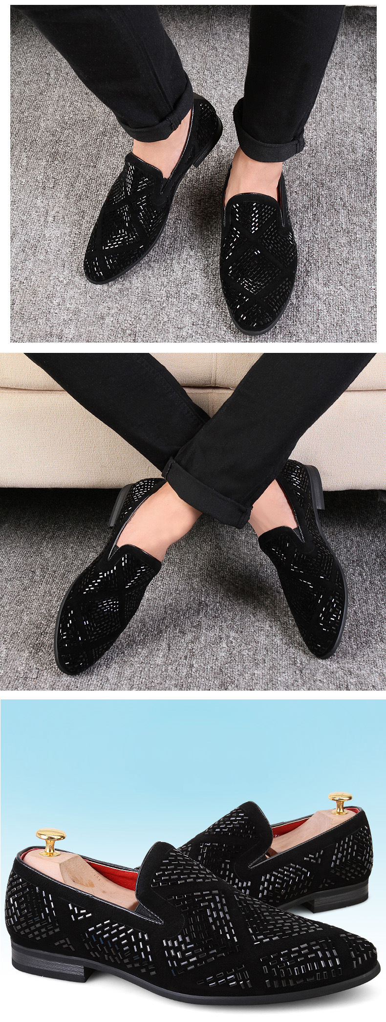 Men's Casual Pointed Toe Black Paillette Fashion Leather Shoes foto 2