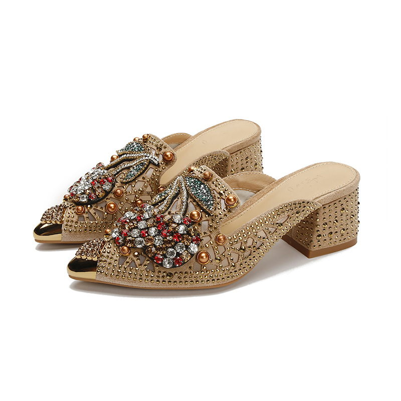 Women's Mesh Chunky-Heel Rhinestone Cherry Pointed-toe Half Slippers foto 3