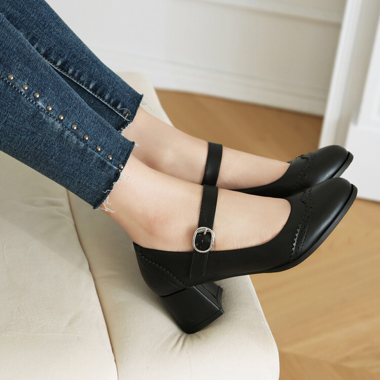 Preppy Style Round Toe Buckle Mid Heel Plus Size Women's Shoes foto 4