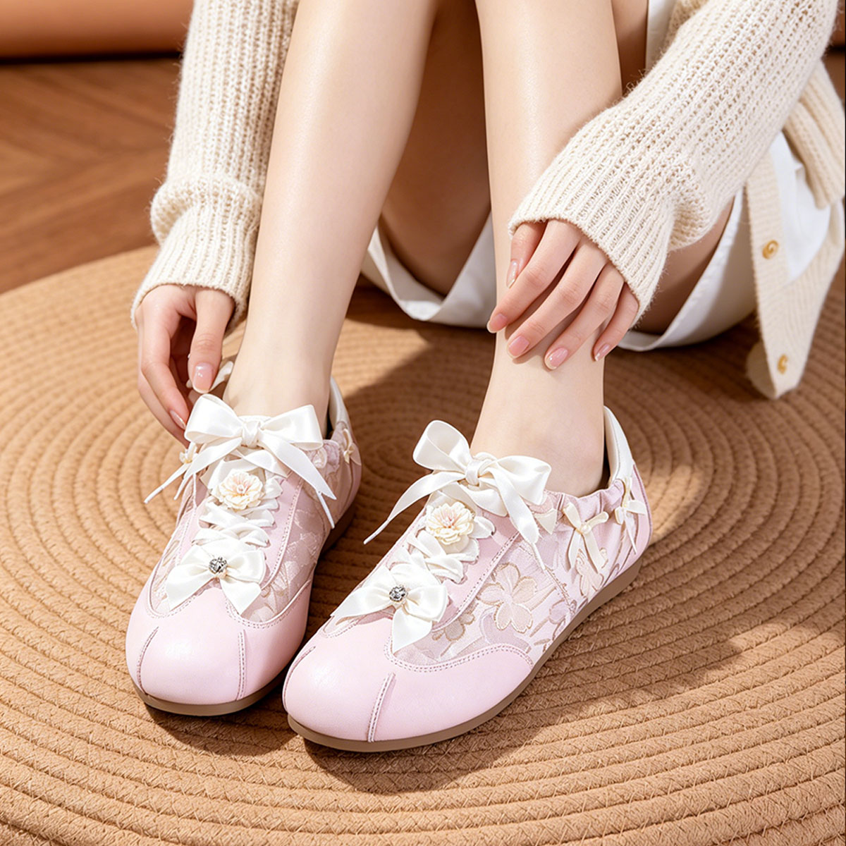 2026 New-style Oriental Aesthetic Flower Embroidery Casual Shoes - Three-color Ribbon Bow Flat Shoes - Sweet-Tempered Women's Shoes - Versatile Sports Shoes