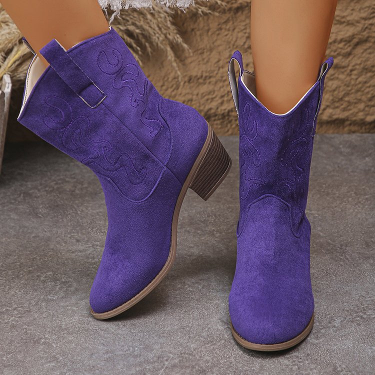 Pointed Toe Western Boots Fashion Retro Embroidered Chunky Square-heeled Mid-calf Boot For Women foto 4